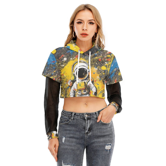 All-Over Print Women's Fake Two-piece Mesh Sleeve Cropped Hoodie
