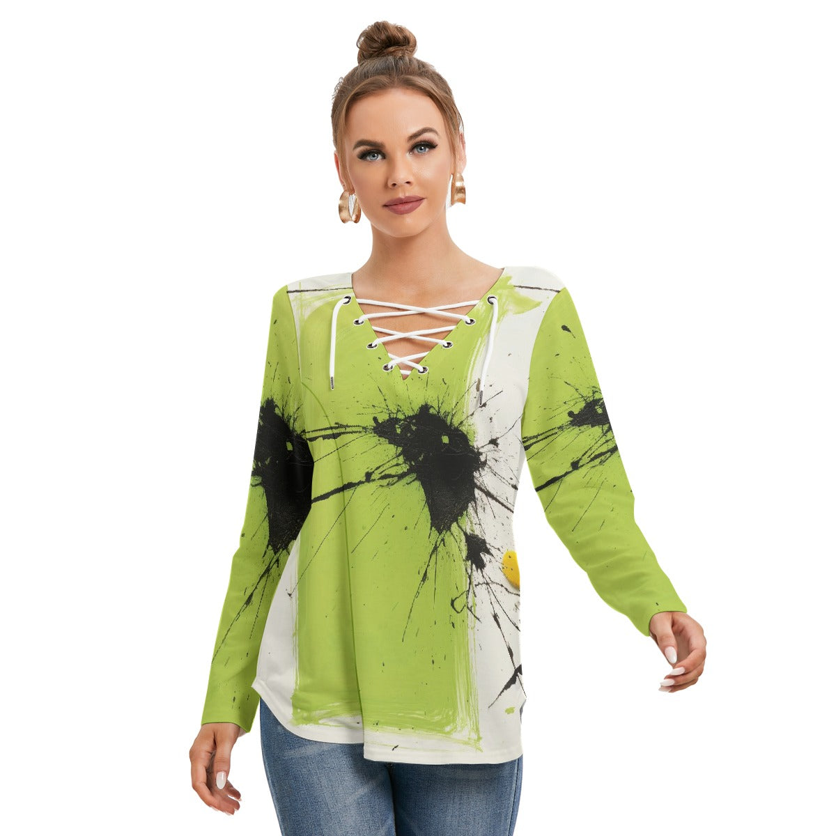 All-Over Print Women's Long Sleeve Neckline Tie Sweatshirt