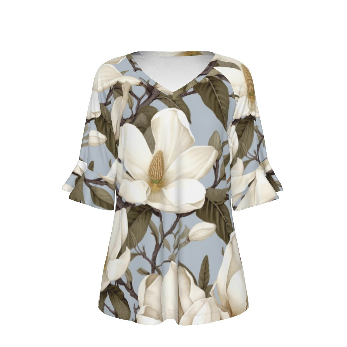 All-Over Print V-neck Women's T-shirt With Bell Sleeve