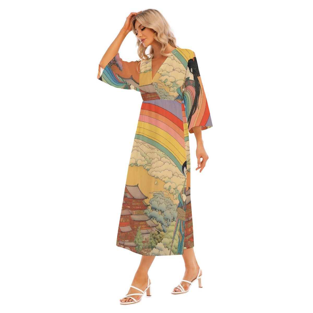 All-Over Print Women's Mid-Sleeve Long Dress