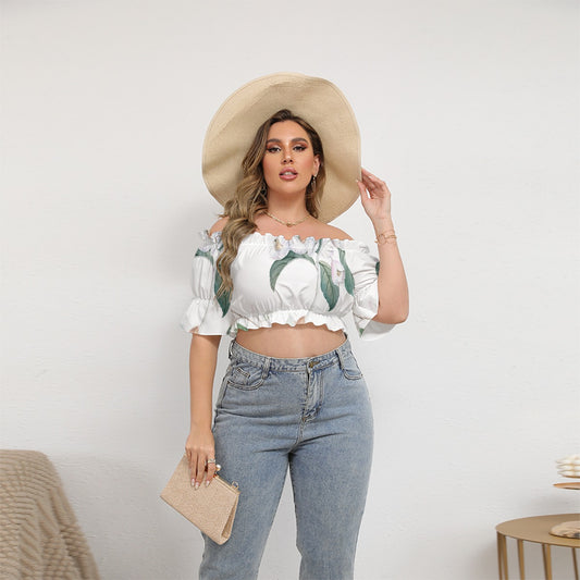 All-Over Print Women's Off-shoulder Cropped Top With Short Puff Sleeve