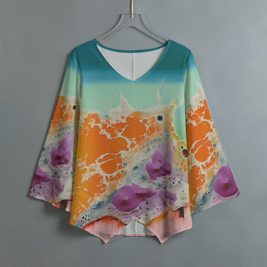 All-Over Print Women's V-neck T-shirt With Irregular Hem