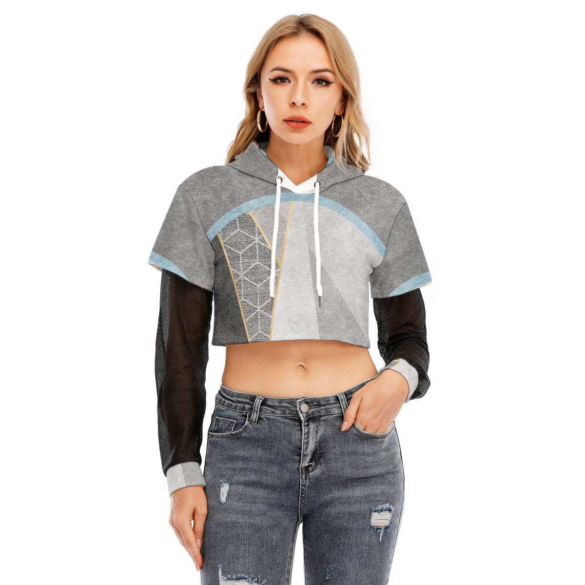 All-Over Print Women's Fake Two-piece Mesh Sleeve Cropped Hoodie