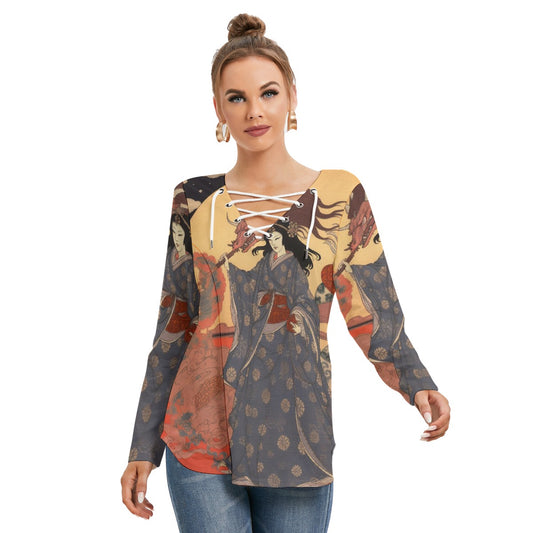All-Over Print Women's Long Sleeve Neckline Tie Sweatshirt