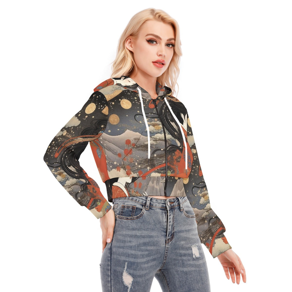 All-Over Print Women's Crop Top Hoodie With Zipper Closure