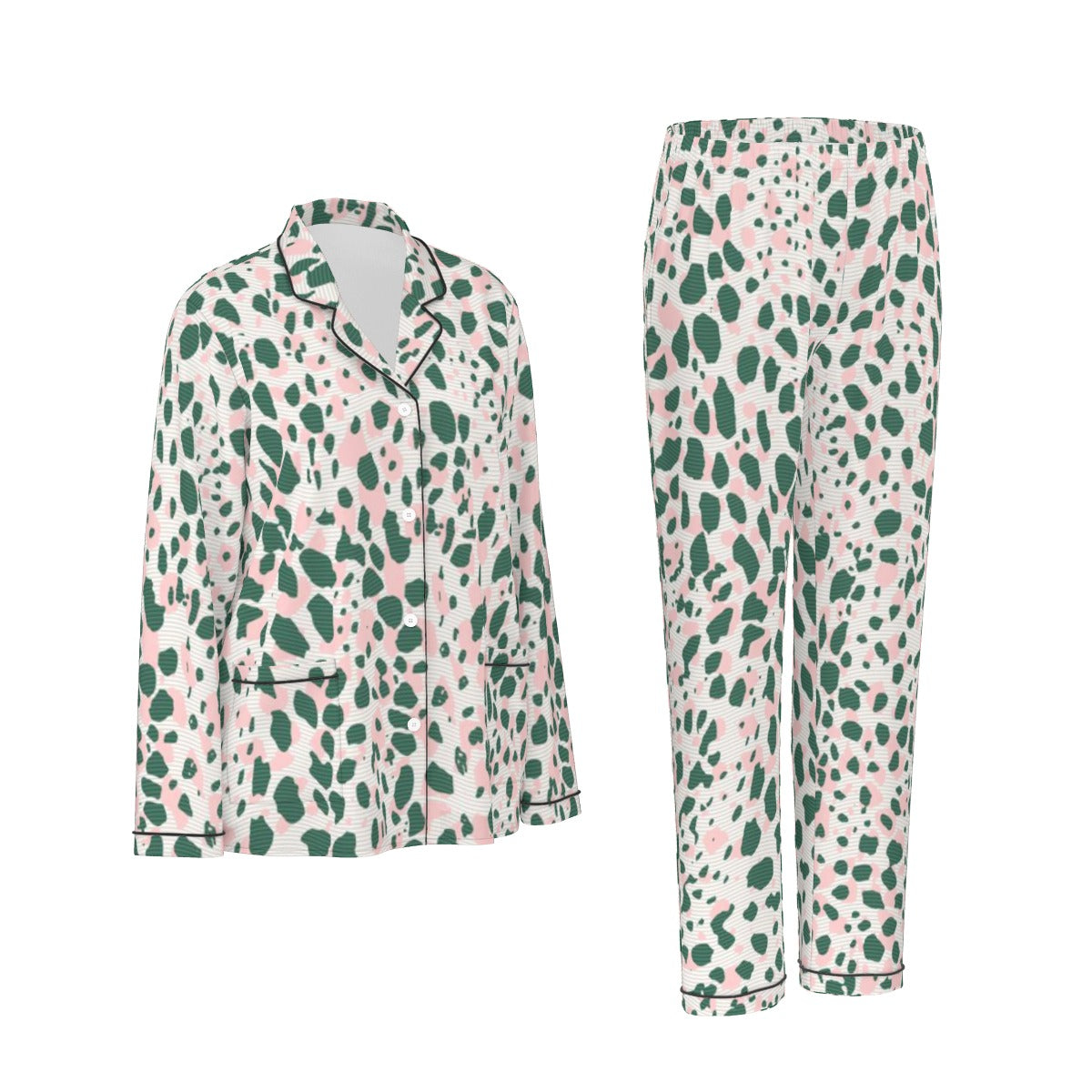 All-Over Print Women's Long Sleeve Pajama Set With Black Contrast Piping