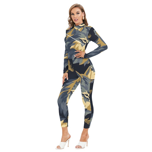 All-Over Print Women's Long-sleeved High-neck Jumpsuit With Zipper