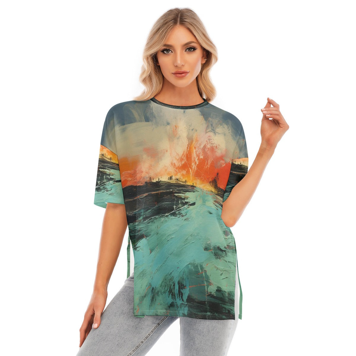 All-Over Print Women's Short Sleeves T-shirt With Hem Split