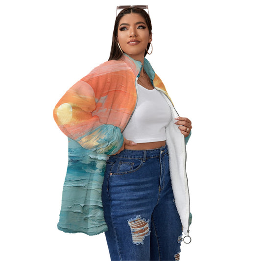 All-Over Print Unisex Borg Fleece Stand-up Collar Coat With Zipper Closure(Plus Size)