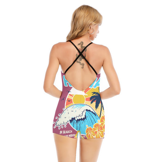 All-Over Print Women's Backless Romper With Black Straps