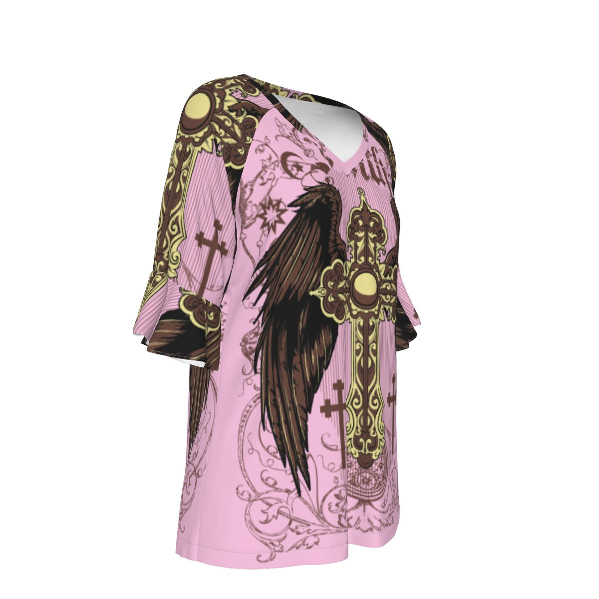 All-Over Print V-neck Women's T-shirt With Bell Sleeve