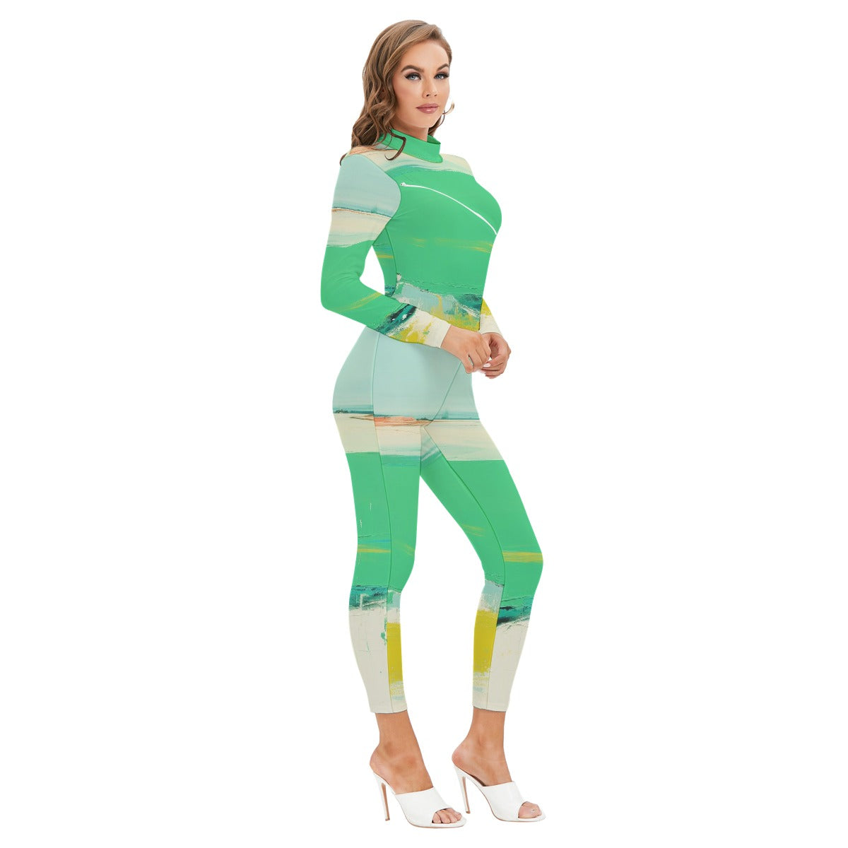 All-Over Print Women's Long-sleeved High-neck Jumpsuit With Zipper