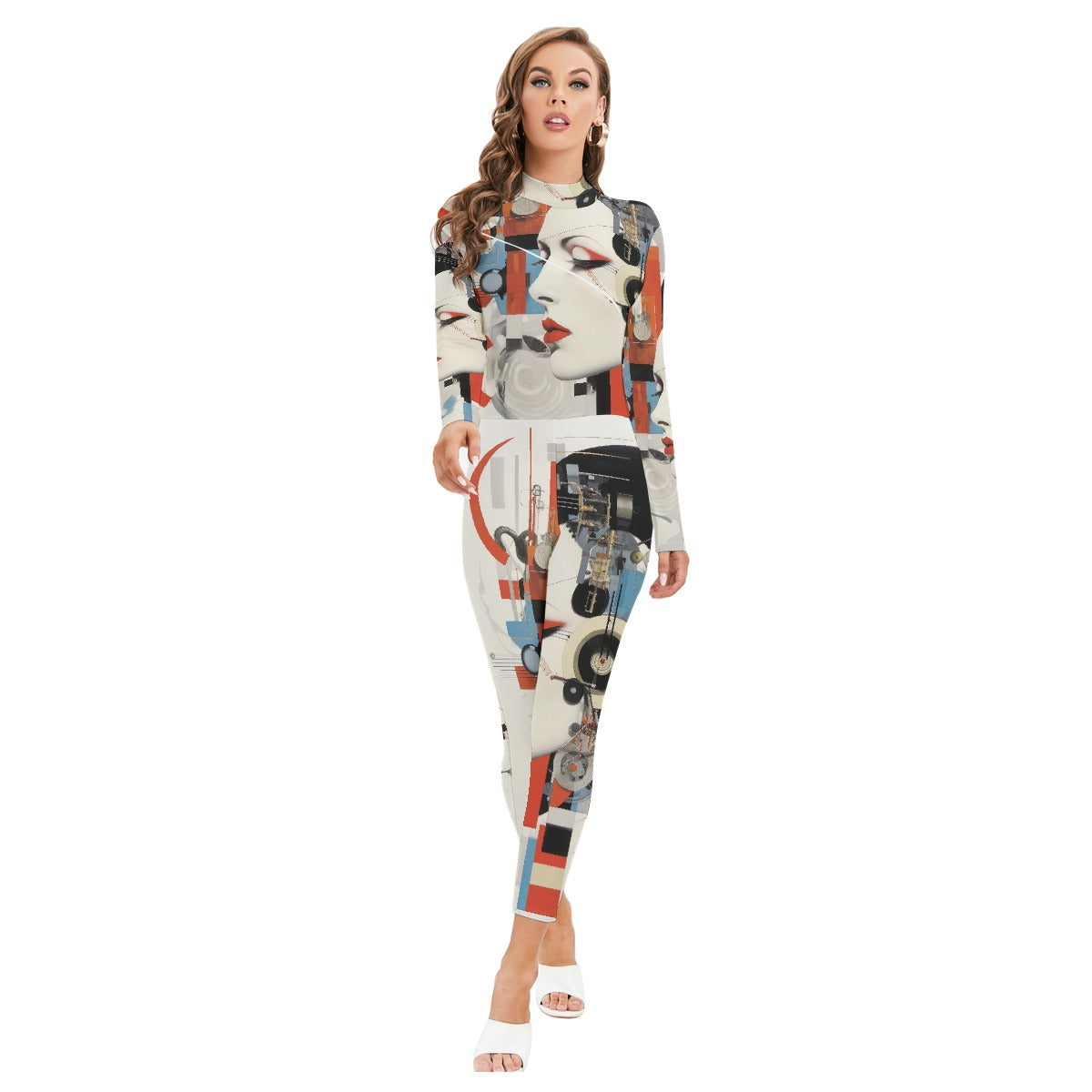 All-Over Print Women's Long-sleeved High-neck Jumpsuit With Zipper