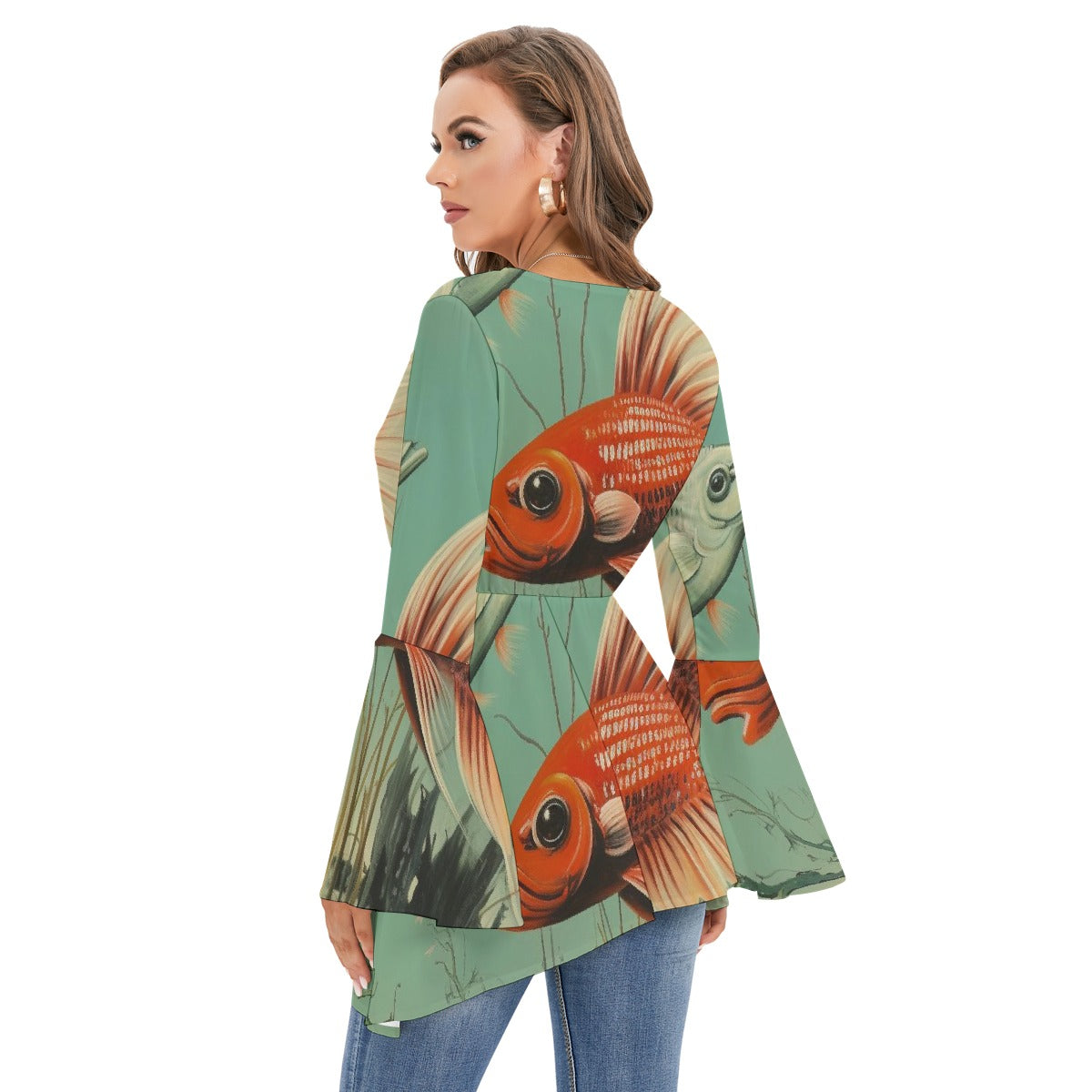 All-Over Print Women's V-neck Blouse With Flared Sleeves