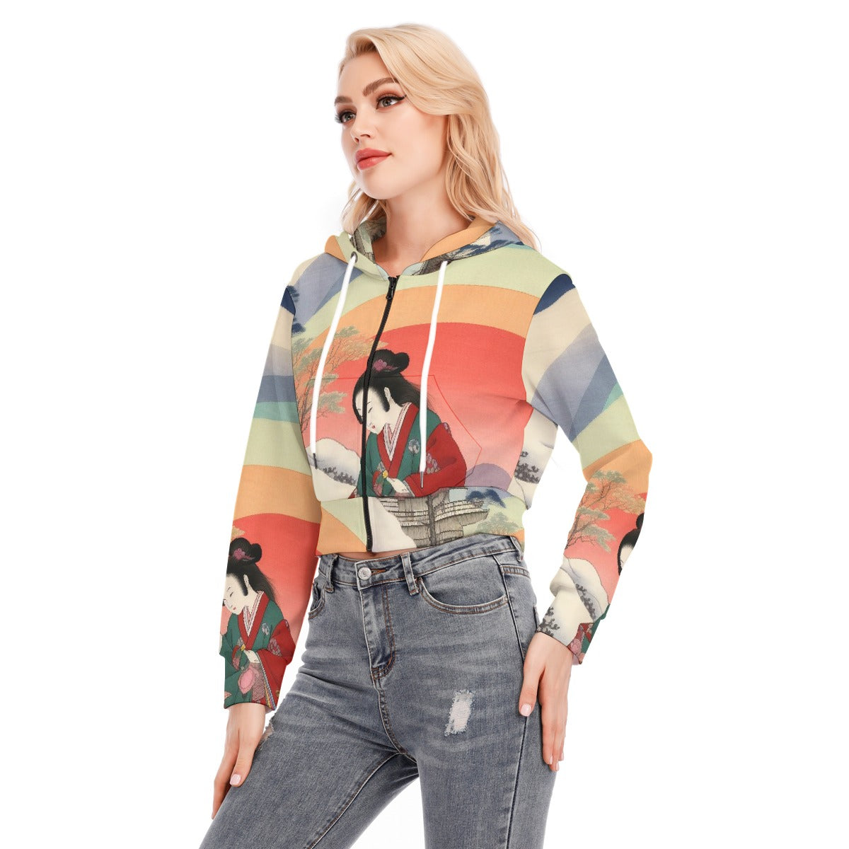 All-Over Print Women's Crop Top Hoodie With Zipper Closure