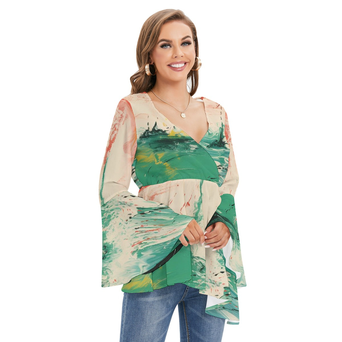 All-Over Print Women's V-neck Blouse With Flared Sleeves