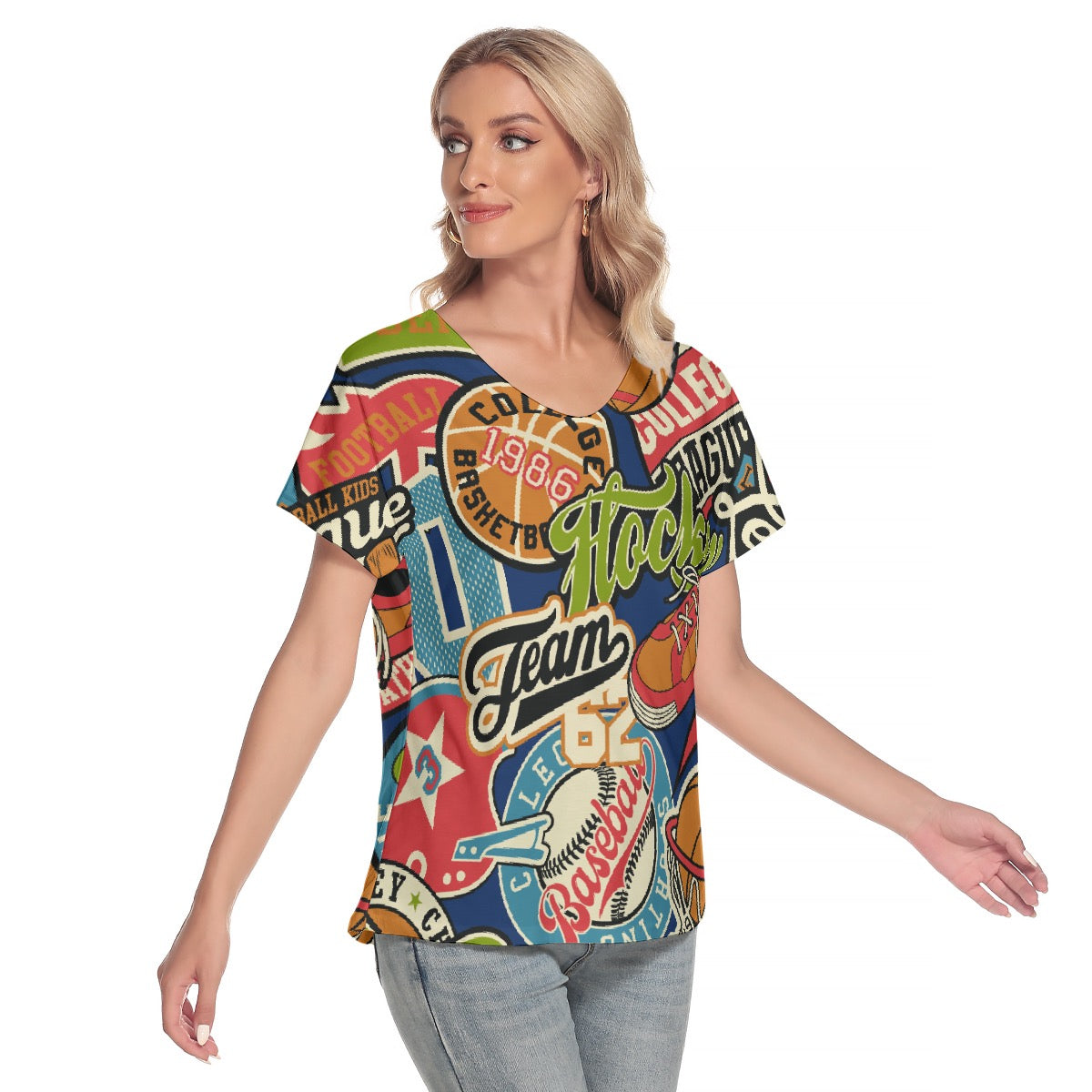 All-Over Print Women's Loose V-neck Short Sleeve T-shirt