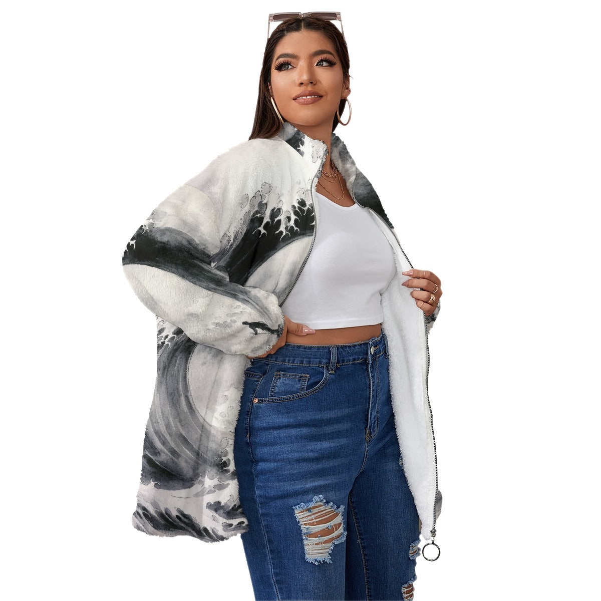 All-Over Print Unisex Borg Fleece Stand-up Collar Coat With Zipper Closure(Plus Size)