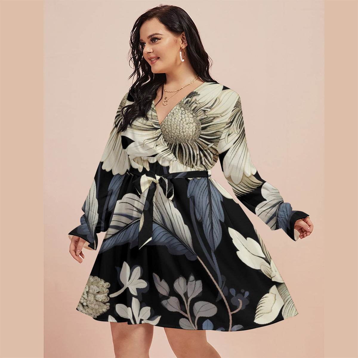 All-Over Print Women's V-neck Dress With Waistband(Plus Size)