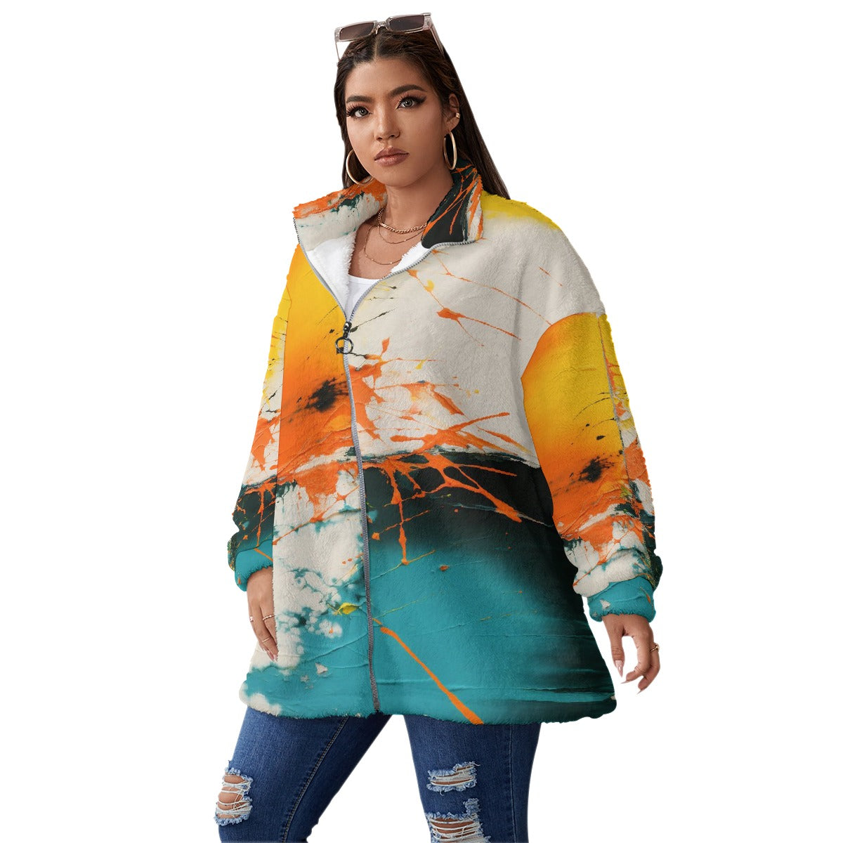 All-Over Print Unisex Borg Fleece Stand-up Collar Coat With Zipper Closure(Plus Size)