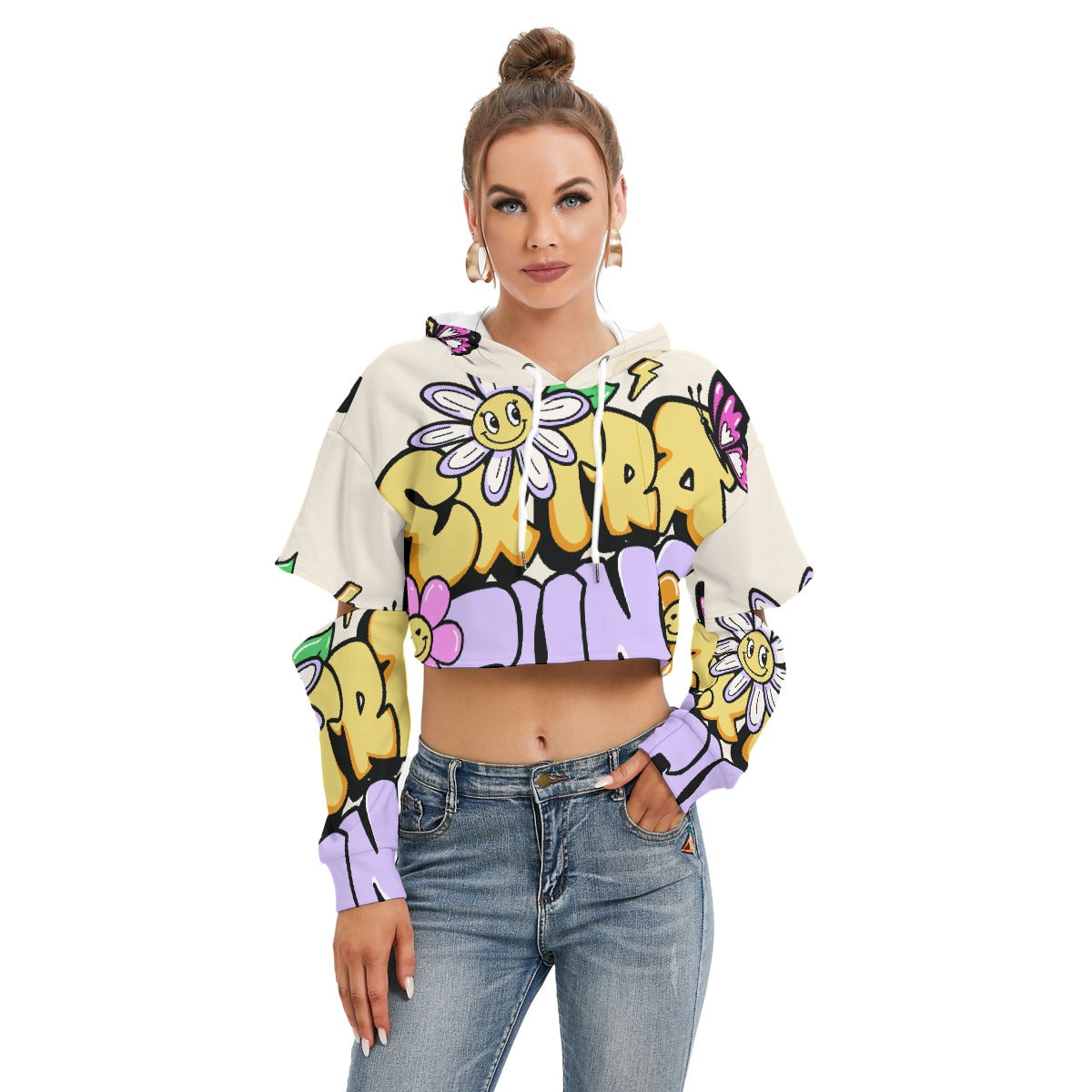 All-Over Print Women's Heavy Fleece Hoodie With Hollow Out Sleeve