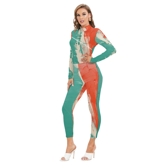 All-Over Print Women's Long-sleeved High-neck Jumpsuit With Zipper