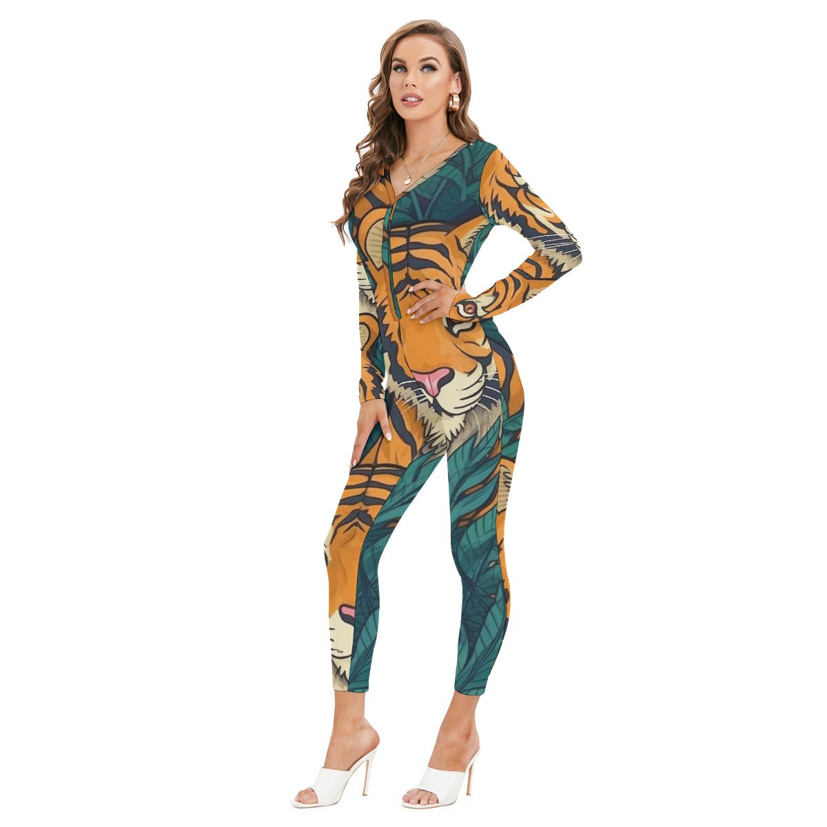 All-Over Print Women's Plunging Neck Jumpsuit