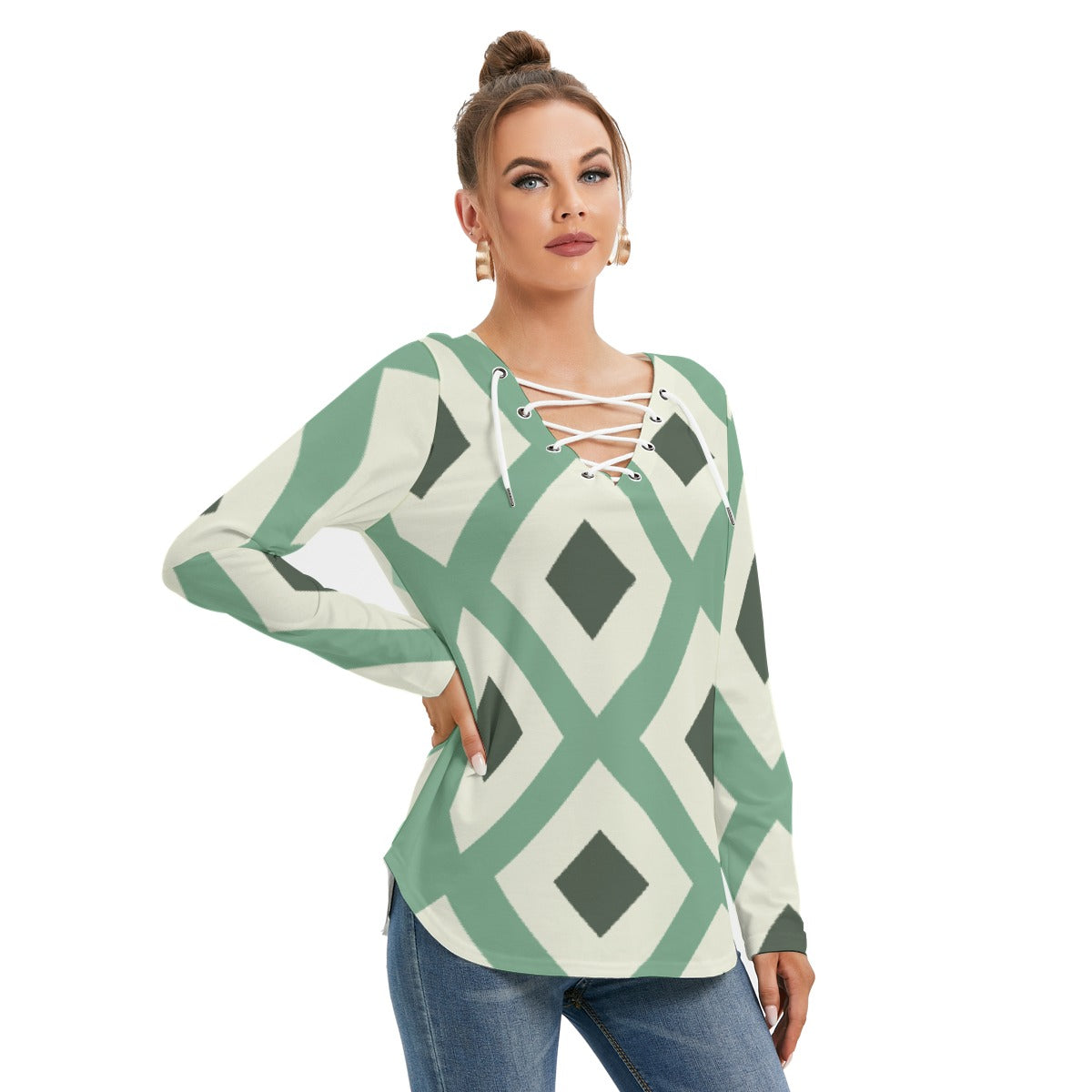 All-Over Print Women's Long Sleeve Neckline Tie Sweatshirt