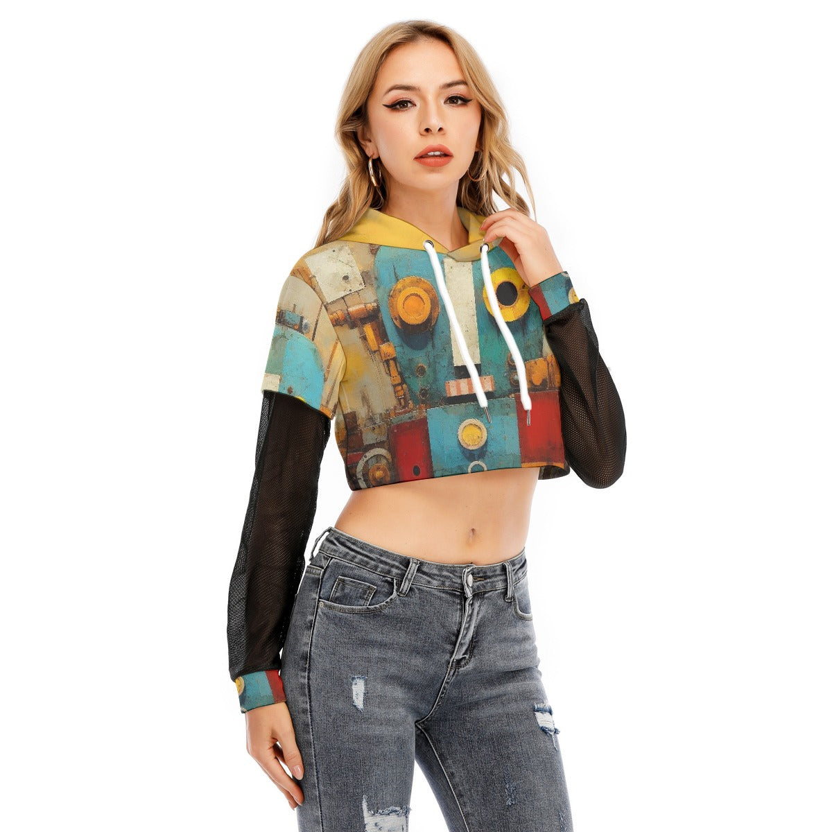 All-Over Print Women's Fake Two-piece Mesh Sleeve Cropped Hoodie