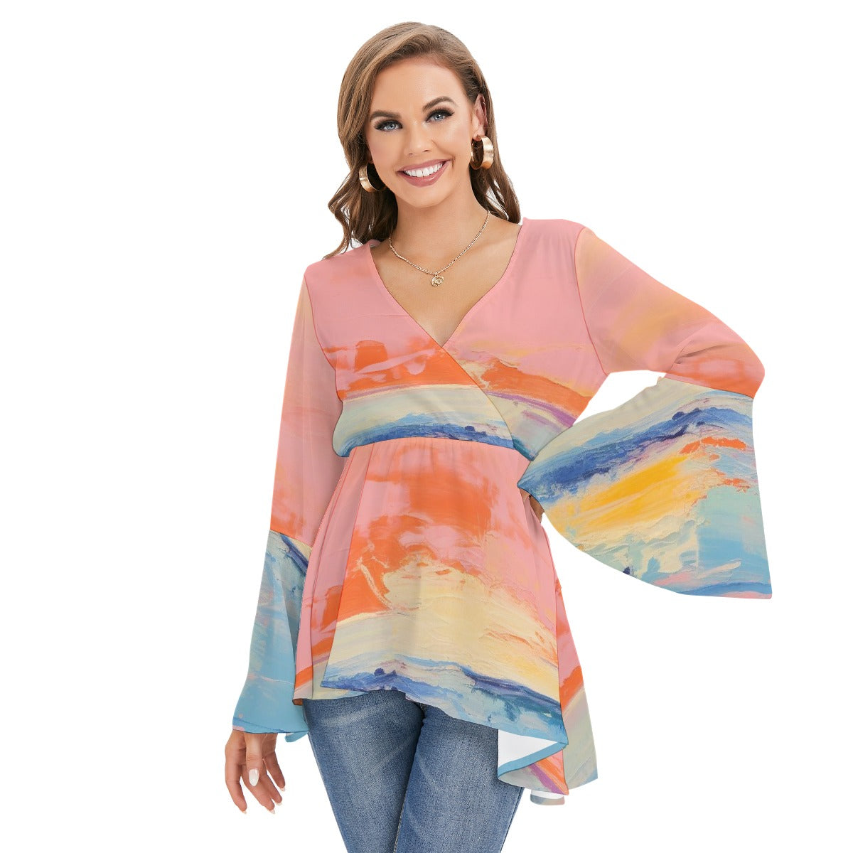 All-Over Print Women's V-neck Blouse With Flared Sleeves