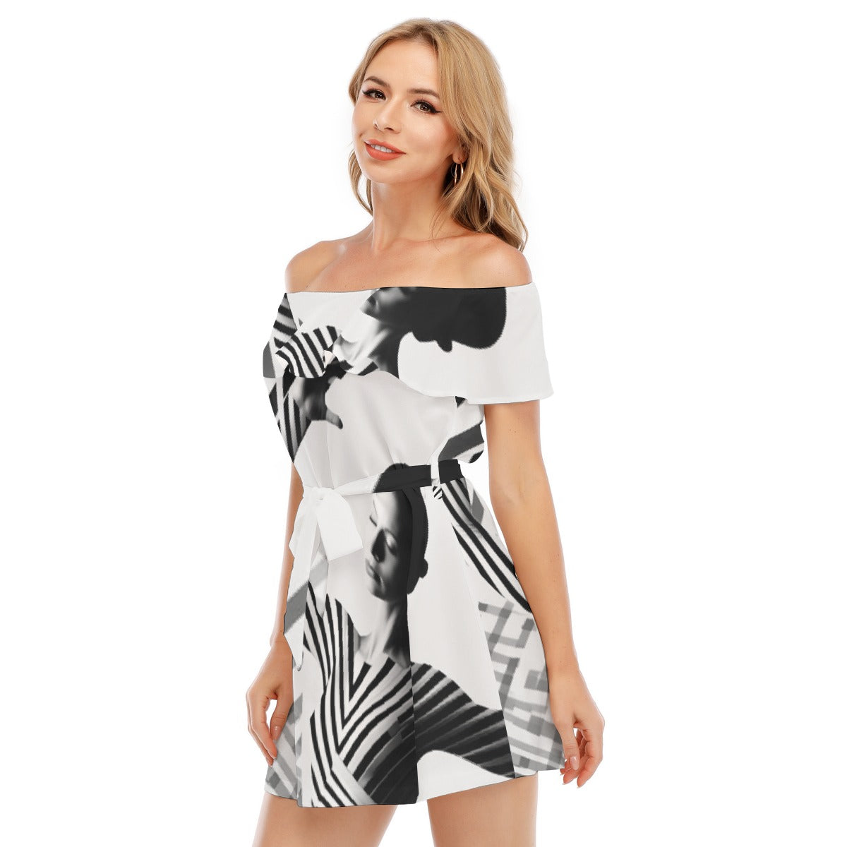 All-Over Print Women's Off-shoulder Dress With Ruffle