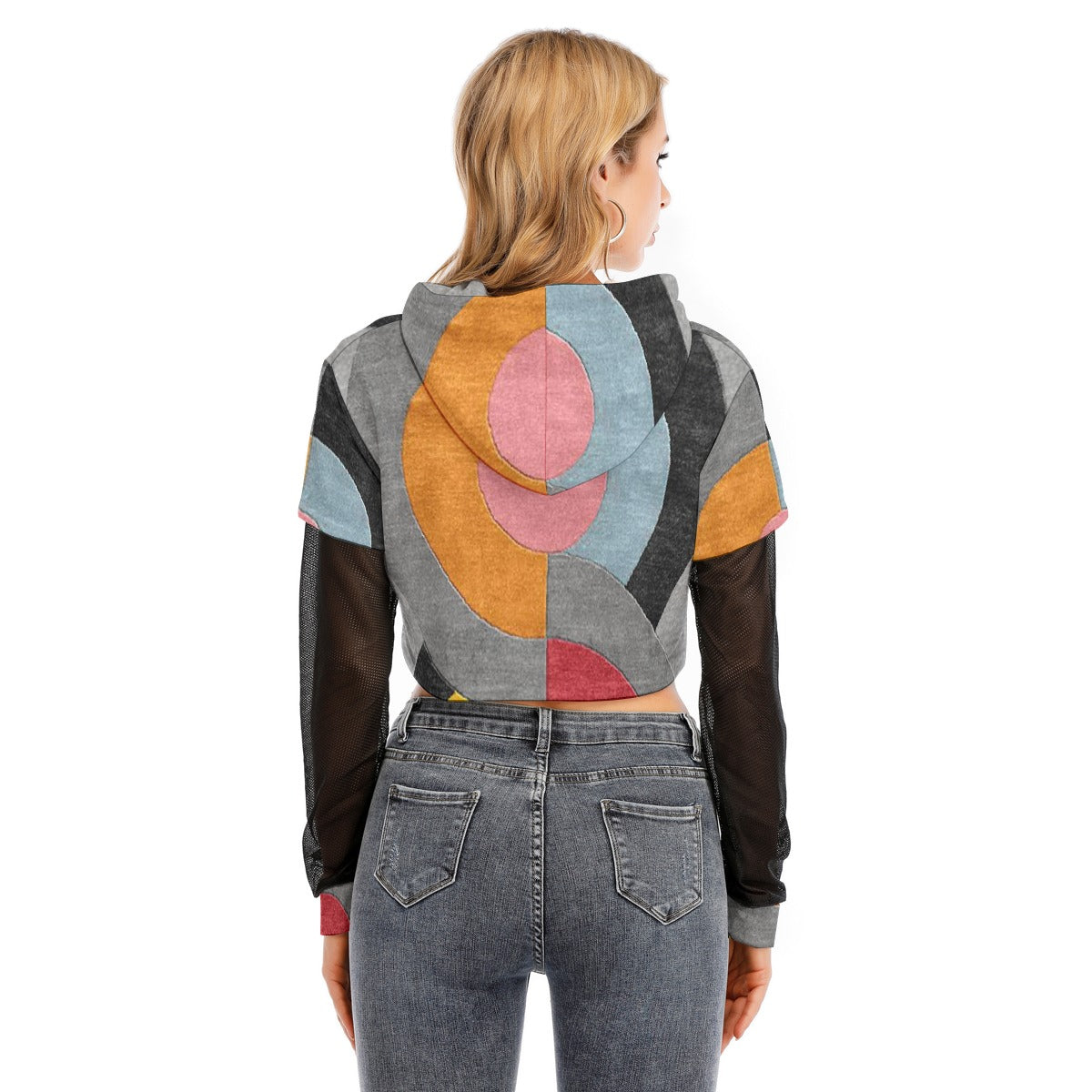 All-Over Print Women's Fake Two-piece Mesh Sleeve Cropped Hoodie