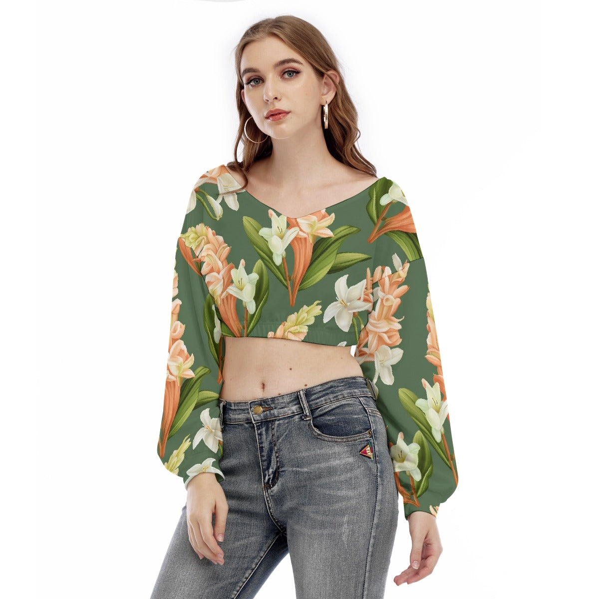 All-Over Print Women's V-neck Long Sleeve Cropped Sweatshirt