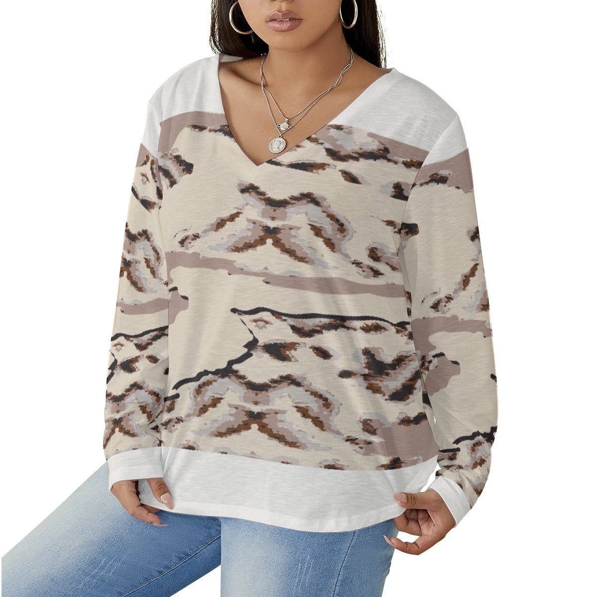 All-Over Print Women's V-neck T-shirt With Curved Hem(Plus Size)