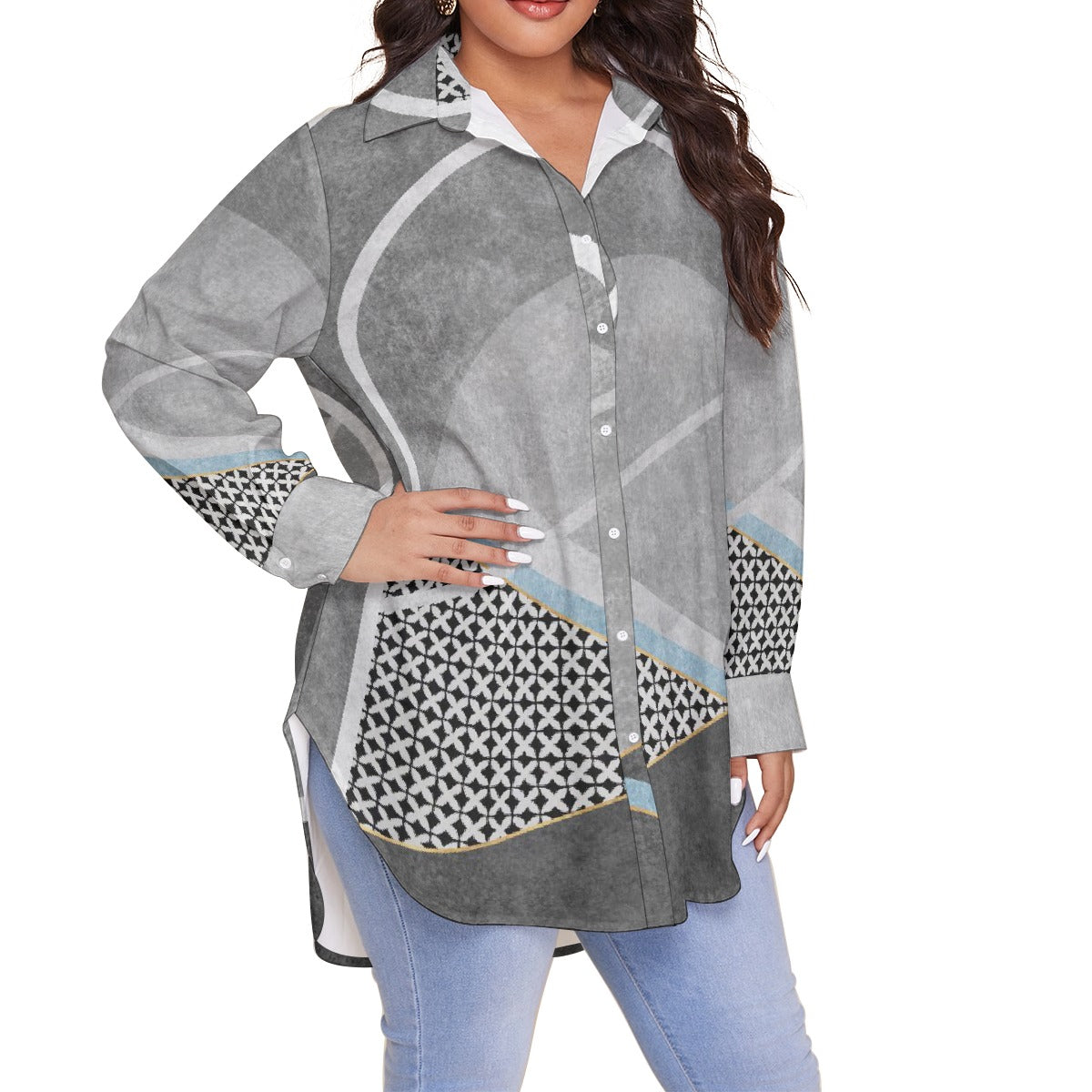 All-Over Print Women's Shirt With Long Sleeve(Plus Size)