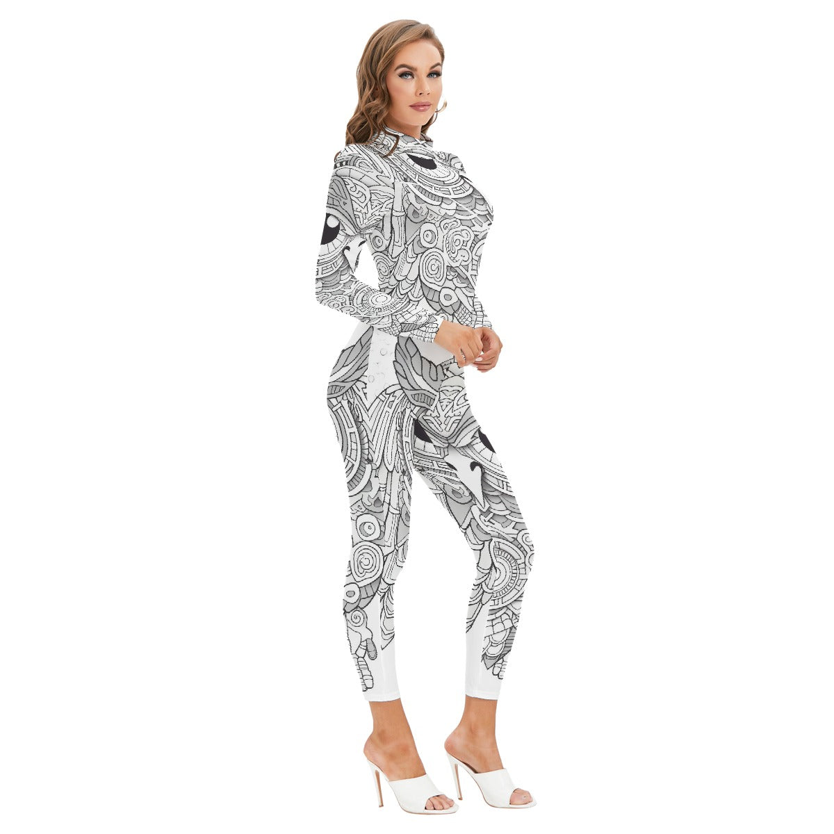 All-Over Print Women's Long-sleeved High-neck Jumpsuit With Zipper