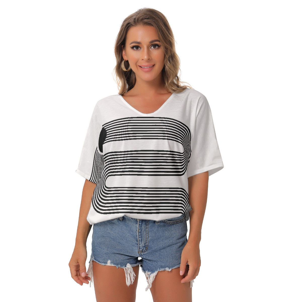 All-Over Print Women's Bat Sleeves V-Neck Blouse