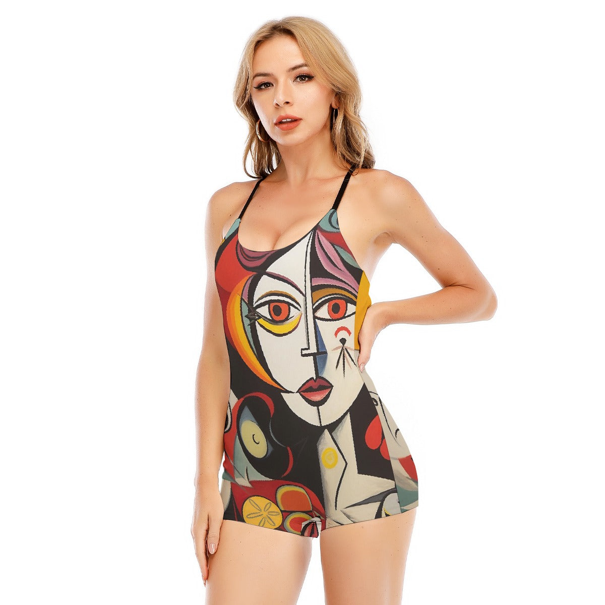 All-Over Print Women's Backless Romper With Black Straps