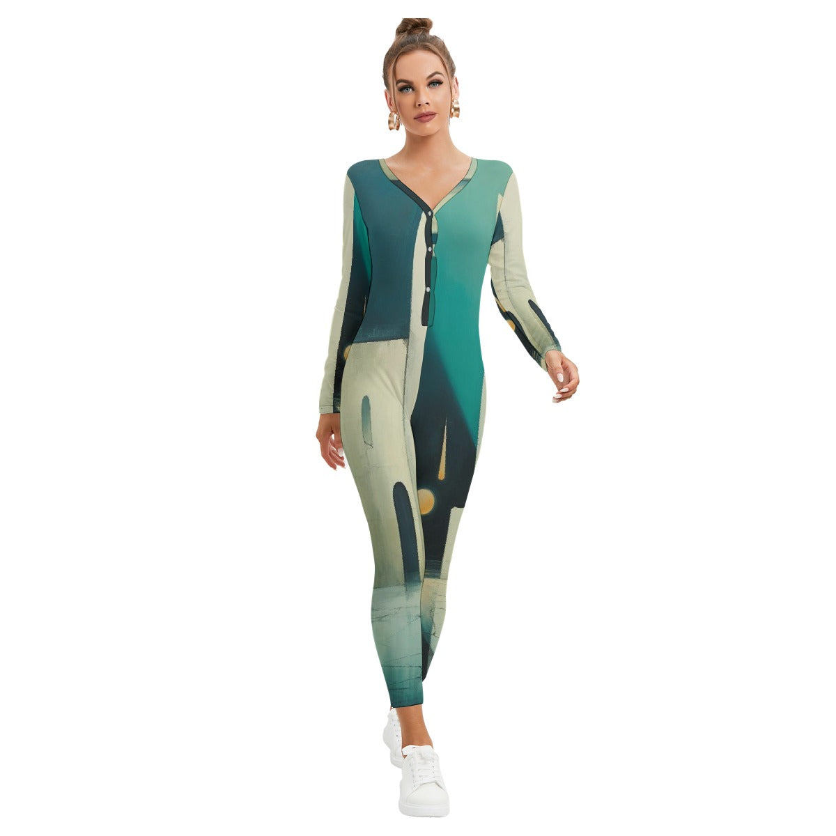 All-Over Print Women's Plunging Neck Jumpsuit