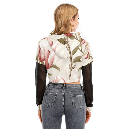 All-Over Print Women's Fake Two-piece Mesh Sleeve Cropped Hoodie
