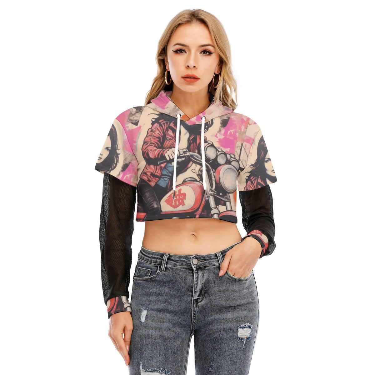 All-Over Print Women's Fake Two-piece Mesh Sleeve Cropped Hoodie