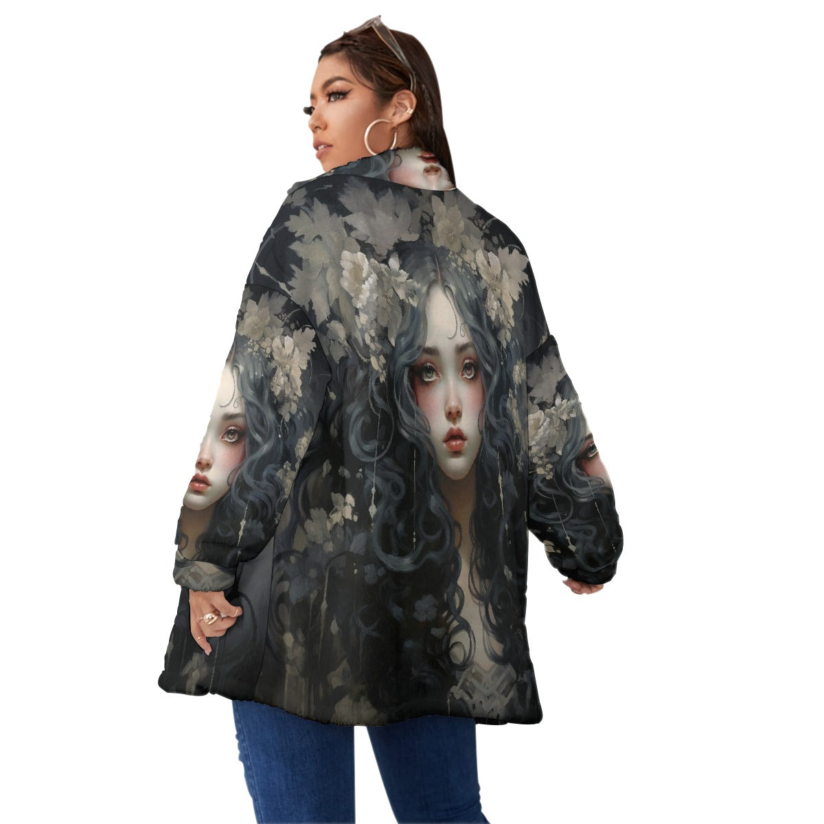 All-Over Print Unisex Borg Fleece Stand-up Collar Coat With Zipper Closure(Plus Size)