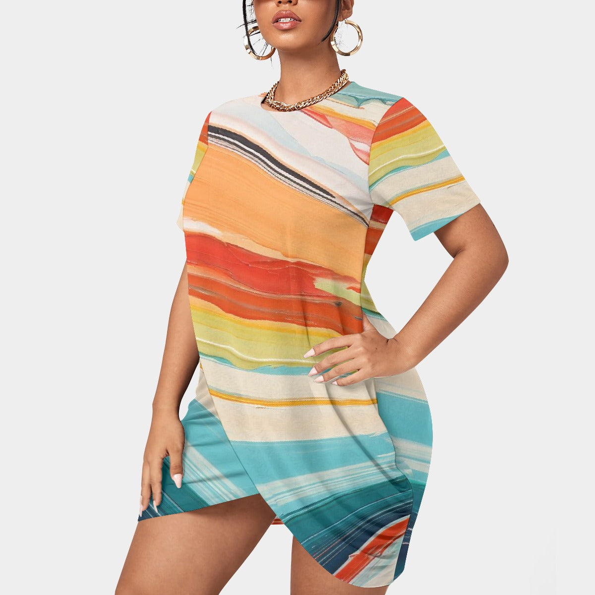 All-Over Print Women’s Stacked Hem Dress With Short Sleeve（Plus Size）