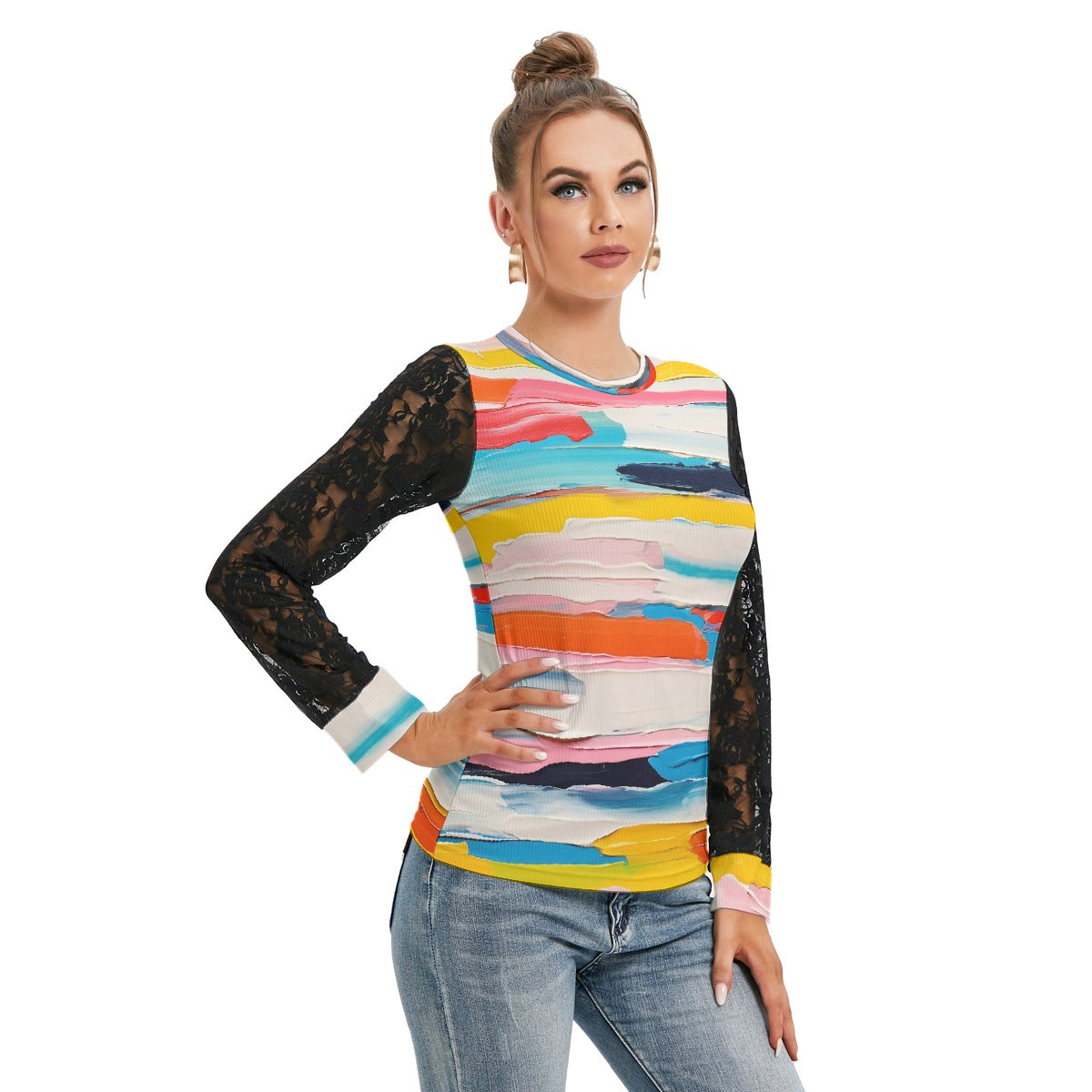 All-Over Print Women's T-shirt And Sleeve With Black Lace
