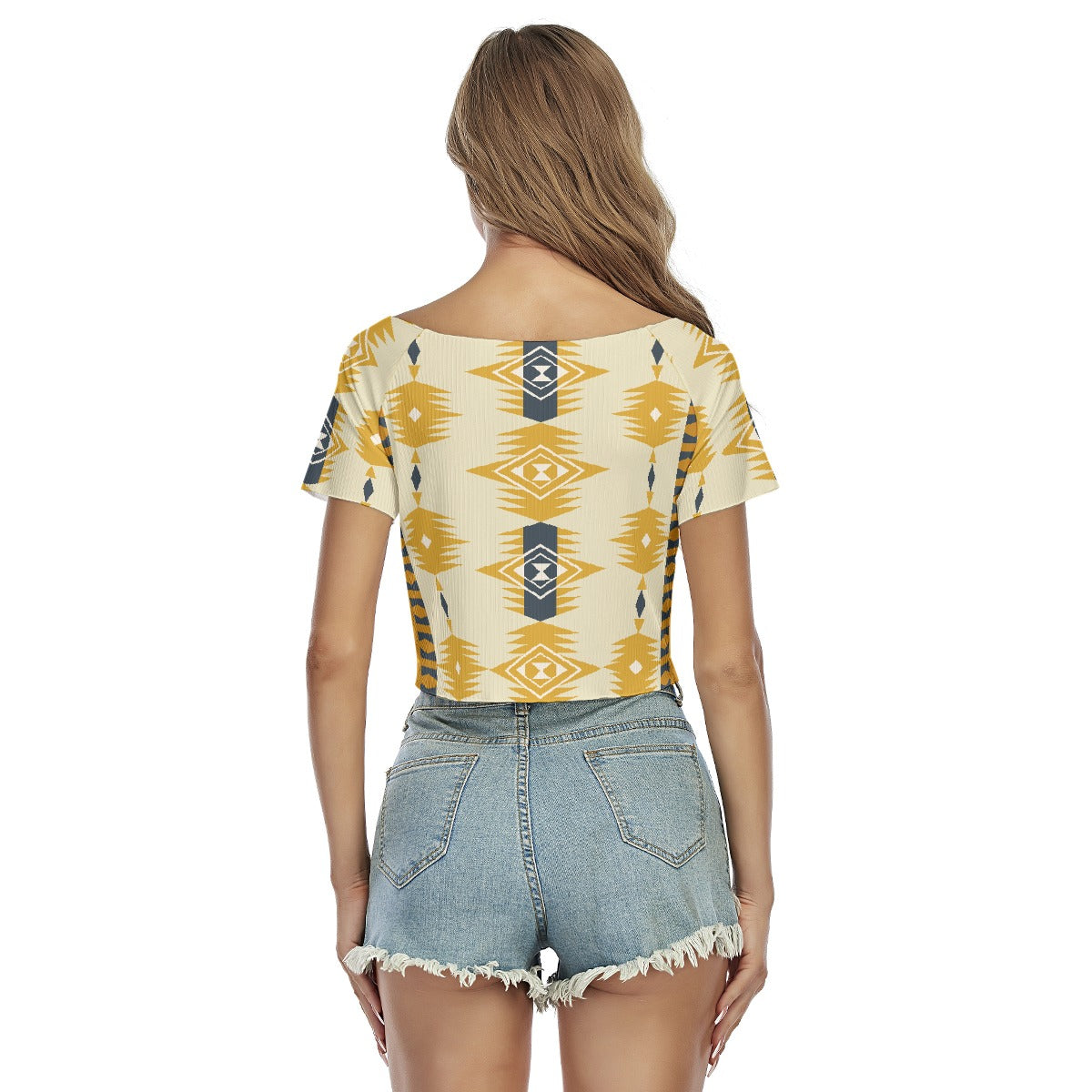 All-Over Print Women's Raglan Drawstring Front  Crop Tee