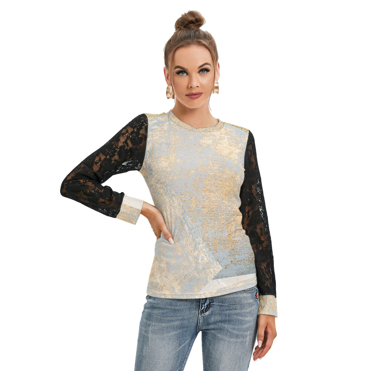 All-Over Print Women's T-shirt And Sleeve With Black Lace