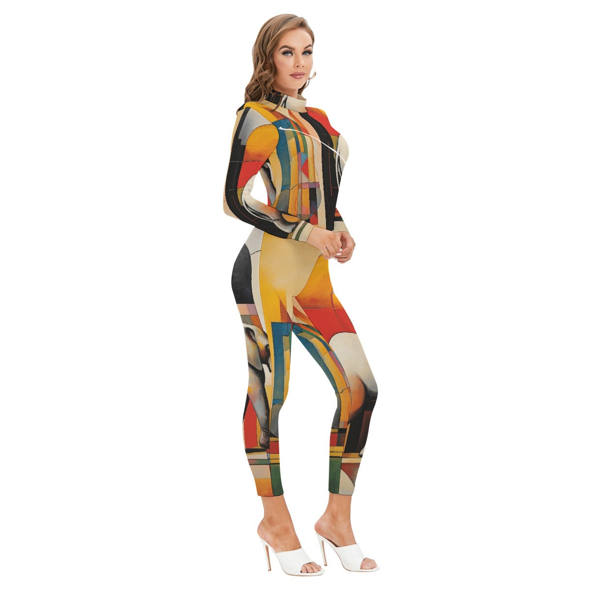 All-Over Print Women's Long-sleeved High-neck Jumpsuit With Zipper