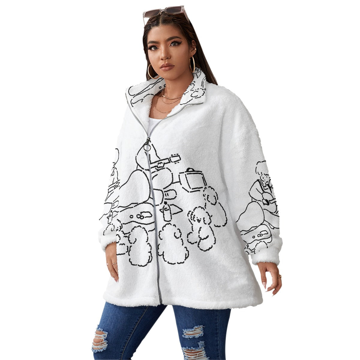 All-Over Print Unisex Borg Fleece Stand-up Collar Coat With Zipper Closure(Plus Size)