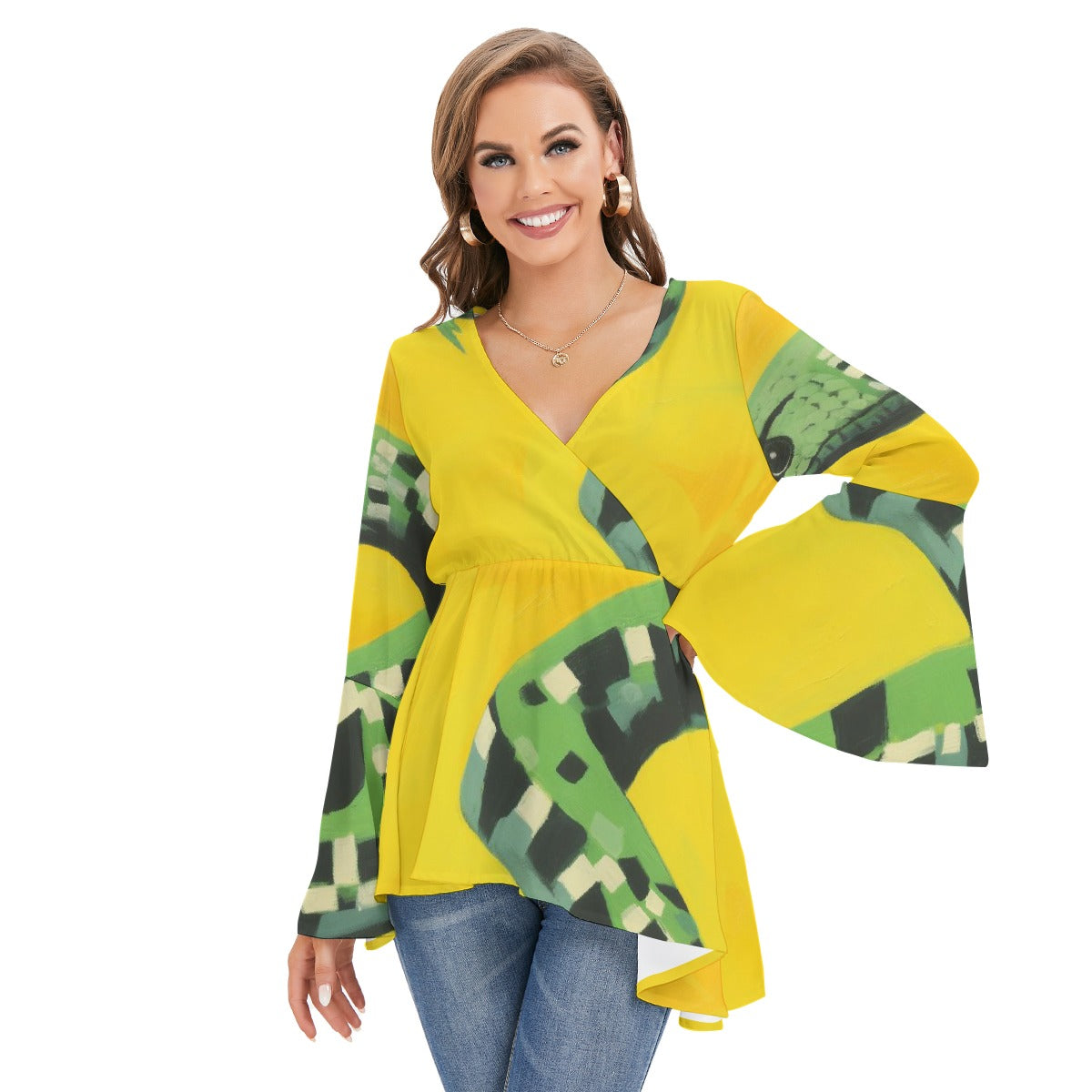All-Over Print Women's V-neck Blouse With Flared Sleeves