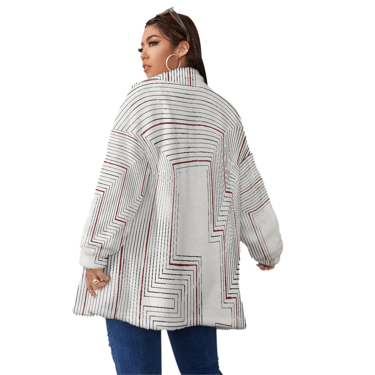 All-Over Print Unisex Borg Fleece Stand-up Collar Coat With Zipper Closure(Plus Size)